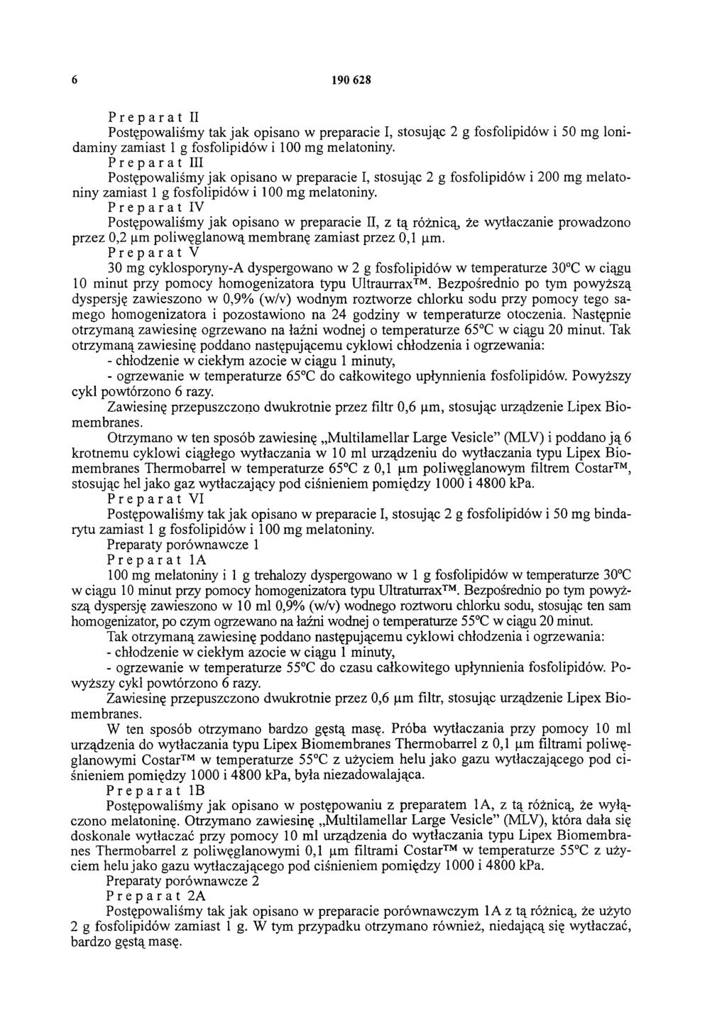 6 190 628 Preparat II Postępowaliśmy tak jak opisano w preparacie I, stosując 2 g fosfolipidów i 50 mg lonidaminy zamiast 1 g fosfolipidów i 100 mg melatoniny.