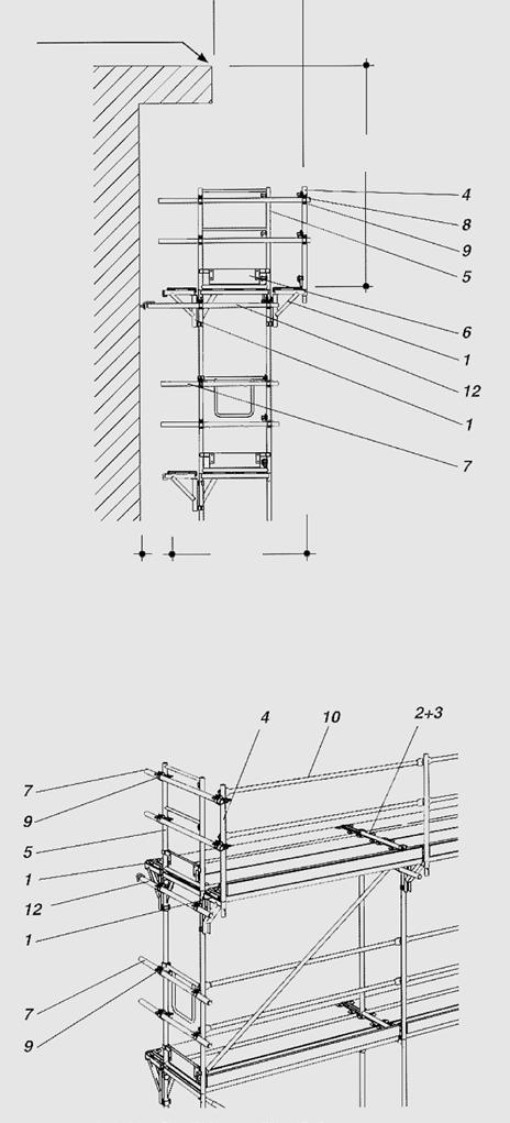 12.0 Rusztowanie ochronne ustawione do zabezpieczenia pracowników przy płaskim dachu BOSTA 70 12.2 Poszerzenie za pomocą wspornika poszerzającego 35 na zewnątrz i wewnątrz rusztowania.