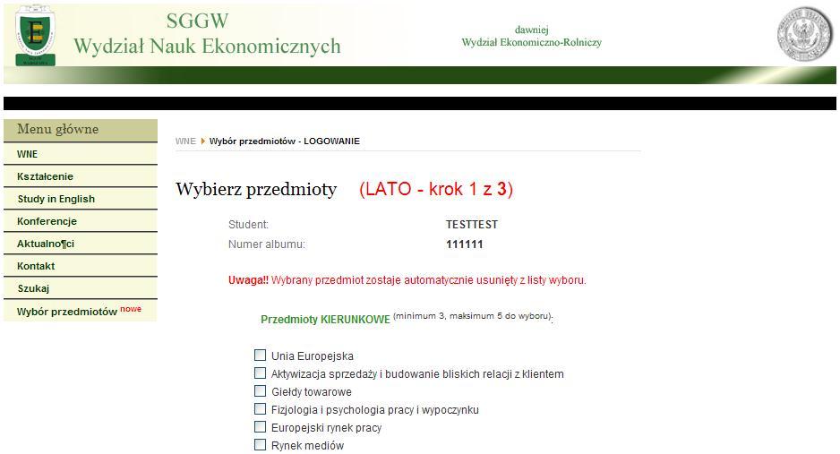 Uwaga: W tym momencie dane zostaną zapisane w bazie i nastąpi automatyczne przejście do okna wyboru przedmiotów na semestr letni roku akademickiego 2009/2010 (ekran 5).