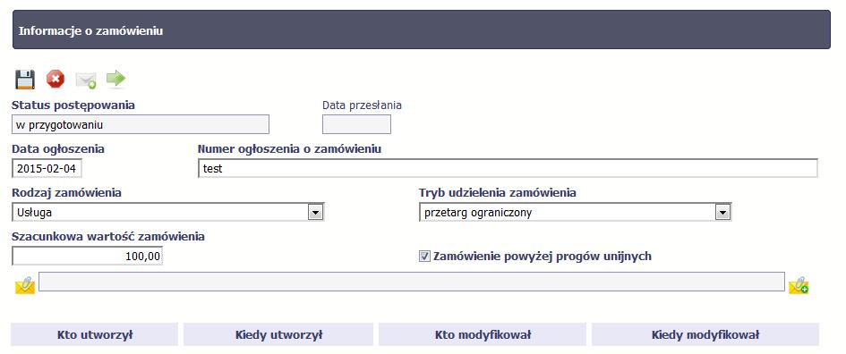 10.2. Przesłanie informacji o zamówieniu/kontrakcie Po uzupełnieniu danych w sekcji dotyczącej zamówienia/kontraktu, przed