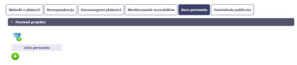 11.1. Ekran główny Ekran widoczny dla Ciebie podzielony jest na 3 zasadnicze sekcje: Personel projektu (w tym sekcja służąca do nawigacji pomiędzy zaangażowanymi osobami - Lista personelu), Planowany