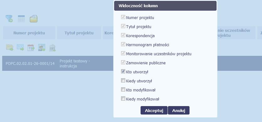 W otwartym oknie Widoczność kolumn możesz wybrać kolumny które wyświetlają się na liście.