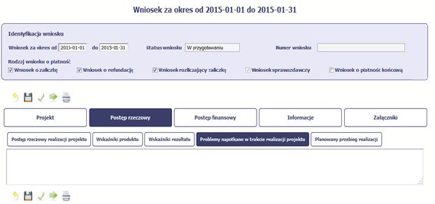 W tej części wniosku krótko opisz ewentualne problemy napotkane w trakcie realizacji projektu w okresie objętym danym wnioskiem o płatność.