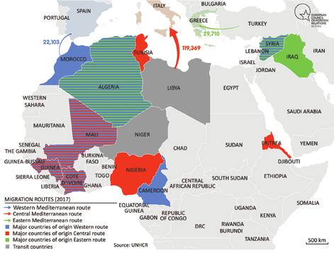 Szlaki migracyjne Afryki a kwestia bezpieczeństwa regionalnego 383 Mapa 1. Główne szlaki migracyjne (2017). Źródło: opracowanie własne na podstawie: https://www.ecfr.