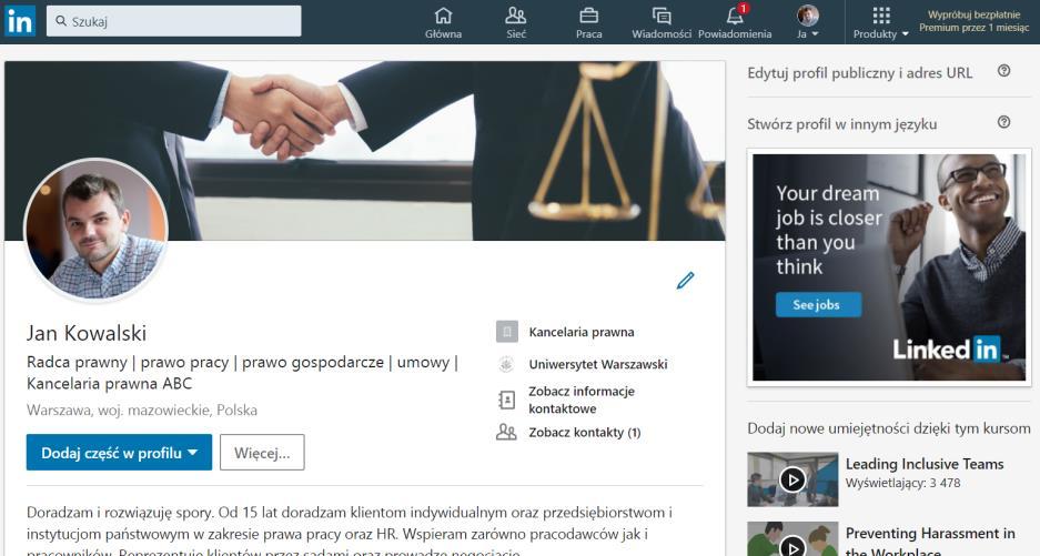 Zmiana adresu URL Każdy profil na LinkedIn ma swój własny adres URL, warto losowy ciąg znaków