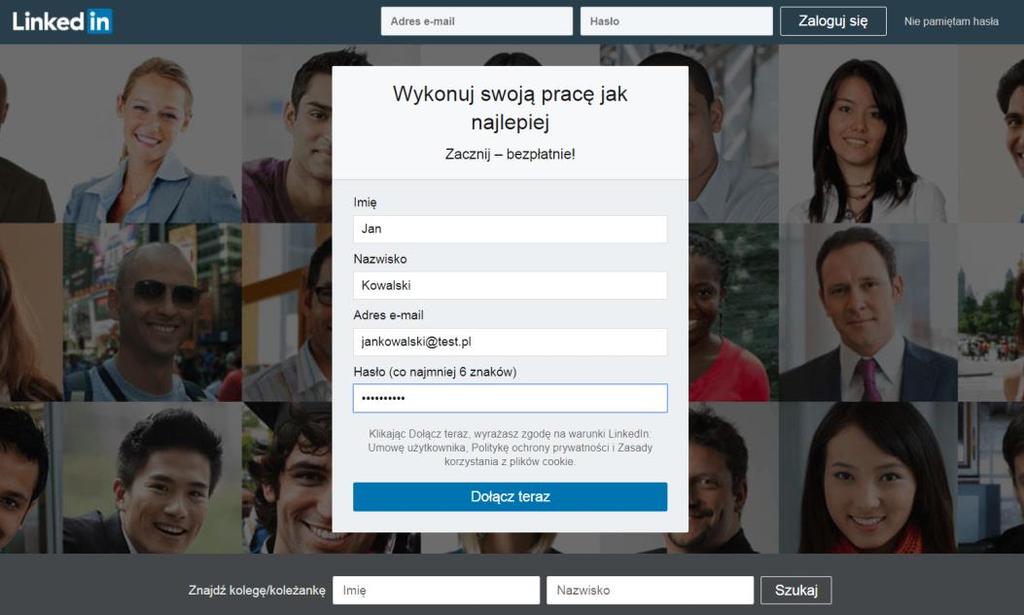 Rejestracja Zakładanie nowego profilu rozpoczynamy od podania podstawowych danych: imienia, nazwiska i adresu e-mail oraz