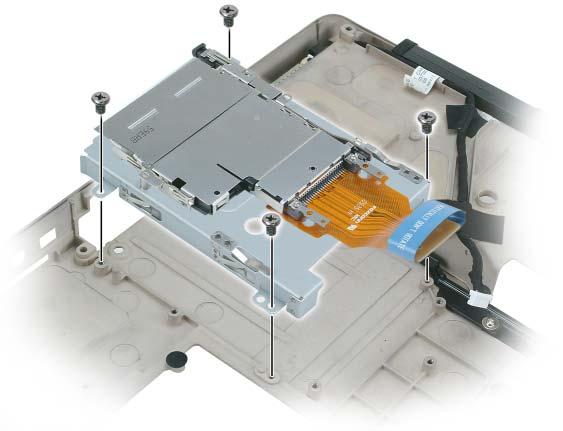 1 2 3 1 wkładka karty ExpressCard 2 wkręty M2,5 x 5 mm (4) 3 wnęka dysku twardego 8 Odkręć wkręt zespołu zatrzasku akumulatora.