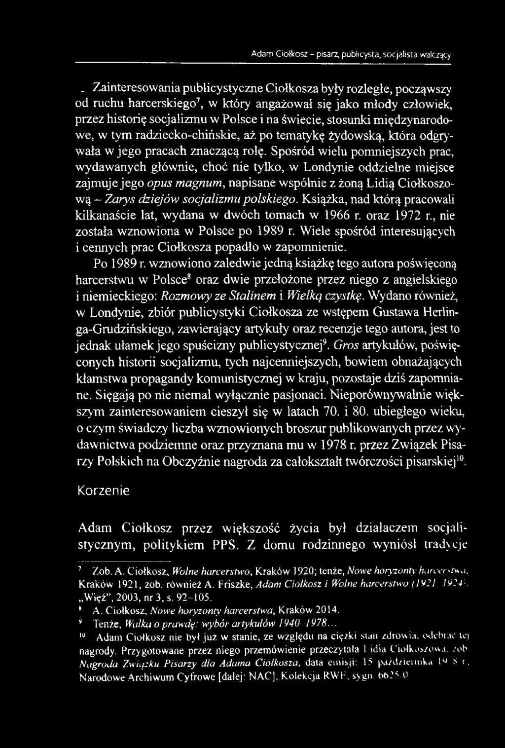 Spośród wielu pomniejszych prac, wydawanych głównie, choć nie tylko, w Londynie oddzielne miejsce zajmuje jego opus magnum, napisane wspólnie z żoną Lidią Ciołkoszową - Zarys dziejów socjalizmu