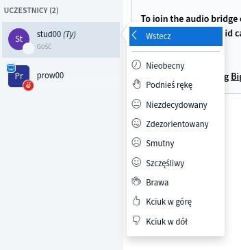 Studenci mogą korzystać z emotek, klikając na swoje ikonie, a następnie przez Ustaw stan, wybrać emotkę do ustawienia swojego statusu. To zapewnia instruktorowi informację zwrotną w trakcie sesji.