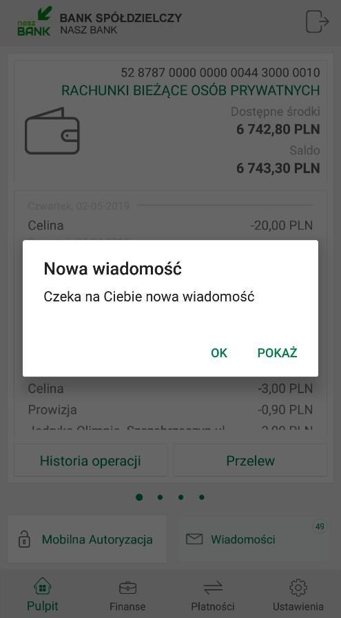 Widok podzielony jest na zlecenia Do autoryzacji i Historia zleceń autoryzacyjnych, wybierając kliknięciem wyświetlony komunikat zobaczymy szczegóły danej operacji.