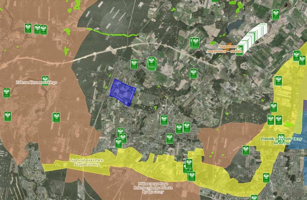 Analizowany obszar (kolor niebieski) na tle mapy obszarów chronionych http://geoserwis.gdos.gov.pl/mapy/ Teren objęty planem położony jest w dorzeczu rzeki Wisły, w regionie wodnym Dolnej Wisły.