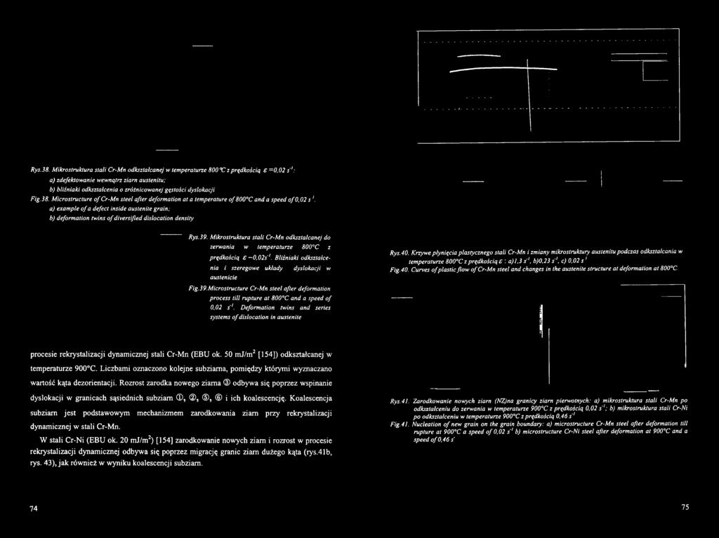 Krzywe płynięcia plastyczneg stali Cr-Mn i zmiany mikrstruktury austenitu pdczas dkształcania w temperaturze 800 C z prędkścią : a) 1,3 s'1, b)0,23 s'1, c) 0,02 s 1 Fig.40.
