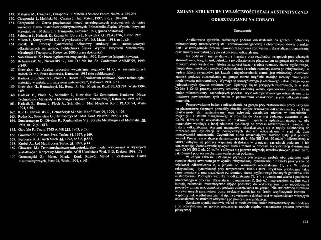 , Niewielski G., Kuc D.: 8th Int. Sc. Cnference AM M E 99, 1999, p.249. 157. Niewielski G.: Analiza prcesów wydzielania węglików M23C6 w austenitycznych stalach Cr-M n, Praca dktrska, Katwice, 1983 (nie publikwana).