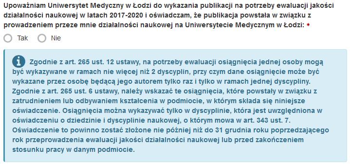 8. Autor wybiera dziedzinę i dyscyplinę, do której przypisuje publikację.