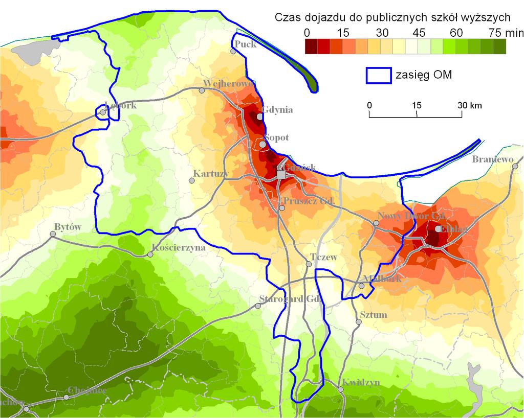 34 Dostępność przestrzenna szkolnictwa wyższego Z uwagi na dostępność powszechną i uwarunkowania związane z odpłatnością, analizowano czas dojazdu do szkół publicznych.