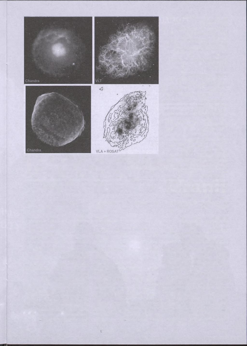 Rys. 5. Pozostałości po wybuchach supernowych i ich różne typy. Górny rząd, zaczynając od lewej: SNR 21.5-0.9 oraz mgławica Krab. Pierwsza z nich należy do typu złożonego (ang.