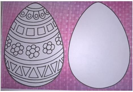 2. Rodzicu, narysuj na kartce papieru A4 dwa kontury dużych jaj (wypełnij całą stronę). Na jednym z jaj narysuj wzór pisanki według własnego pomysłu.