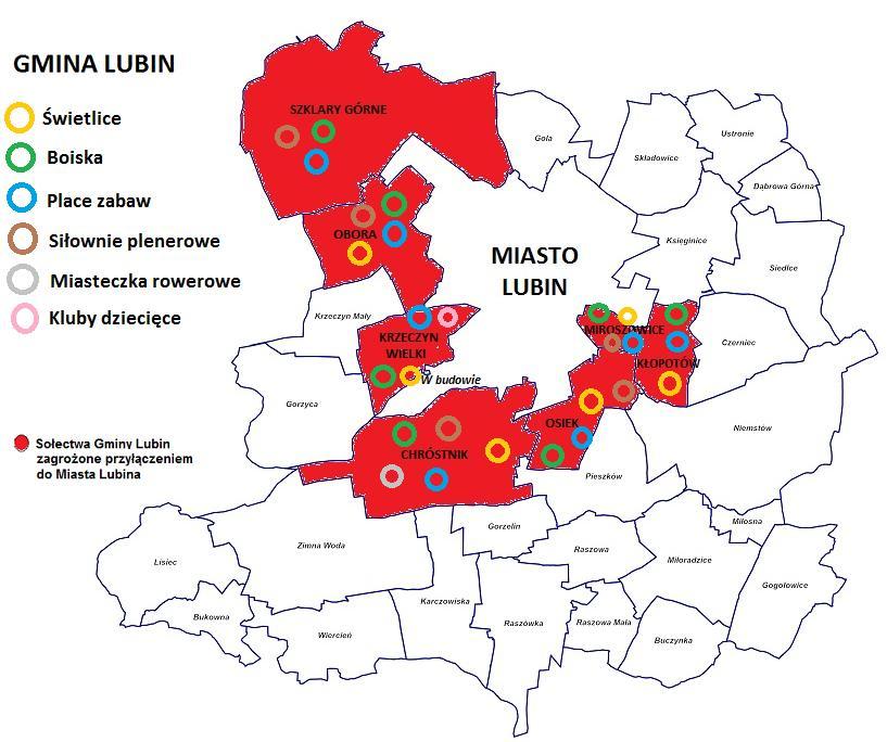 Infrastrukturę społeczną w miejscowościach zagrożonych przejęciem przez Miasto Lubin prezentuje poniższa grafika.