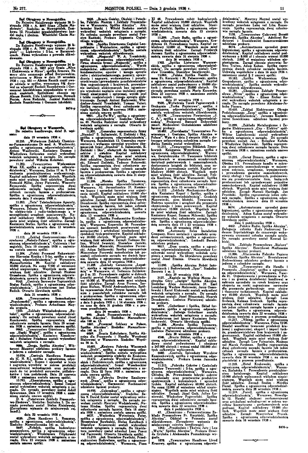 Nr 277.»,,i>ni. imrtnii.n MONTOR POLSK. Dnia 3 grudnia 1938 r. łl Sąd Okręgowy w Nowogródku, Do Rejestru Handlowego wypisano 26 łiatopada 1938 r. A. 8097 firma Chata M&- śłowaty*'.