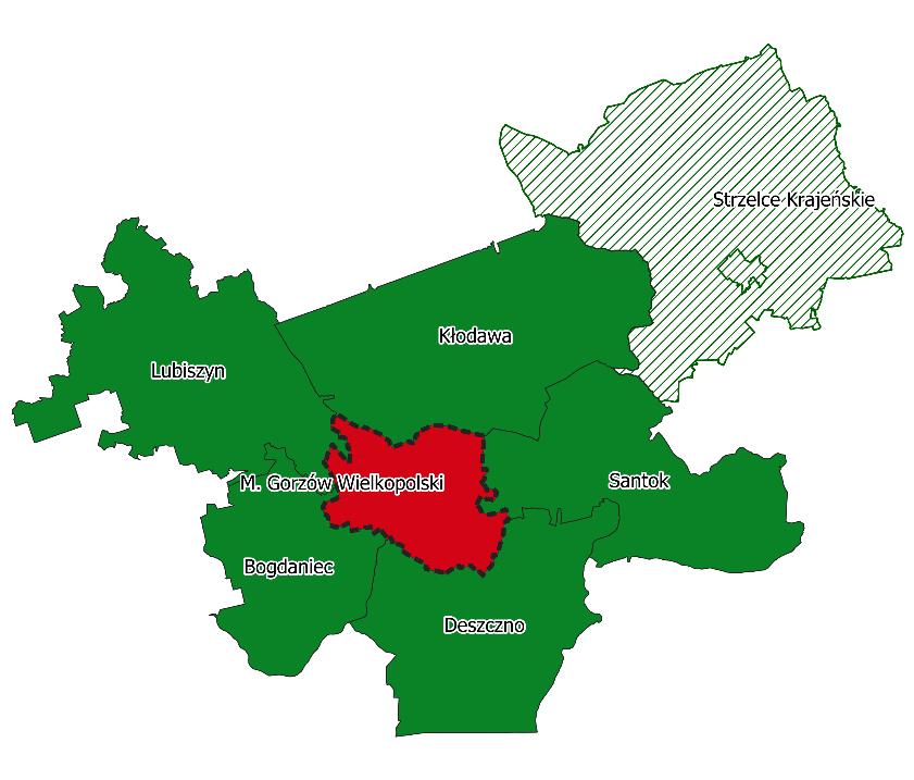 Gorzów Wielkopolski stanowi rdzeń Miejskiego Obszaru Funkcjonalnego Gorzowa Wielkopolskiego do którego należy obecnie pięć sąsiadujących gmin: Kłodawa, Santok, Deszczno, Bogdaniec i Lubiszyn 5.