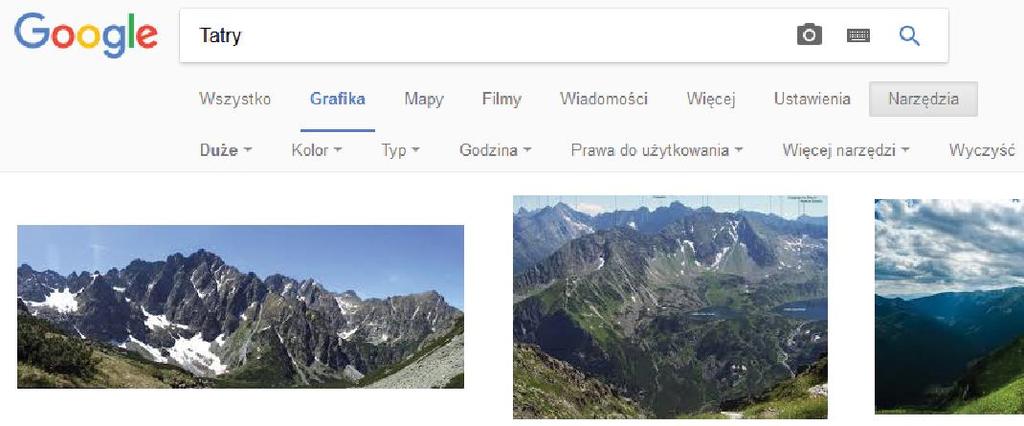 Rys. 2. Wyszukiwanie obrazów w wyszukiwarce grafiki Google Znajdź zdjęcie Tatr w wyszukiwarce grafiki Google (rys. 2) lub w swoich zbiorach.