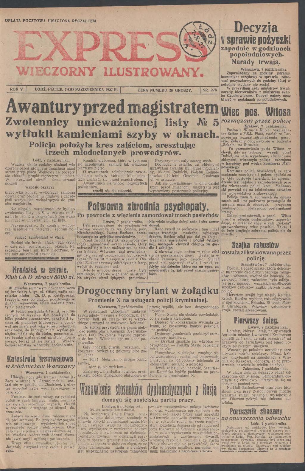 OPLATA POCZTOWA UtS7CZONA RVCZAL TfM Decyj sprie pożyci pdnie godinch popołudnioych trją Nrdy Wrs 7 pźdiernią Zpoidny n godiny pornne omunit urędoy sprie roo ROK V lódż PĄTE" 7 00 PAŻDZERNKA 927