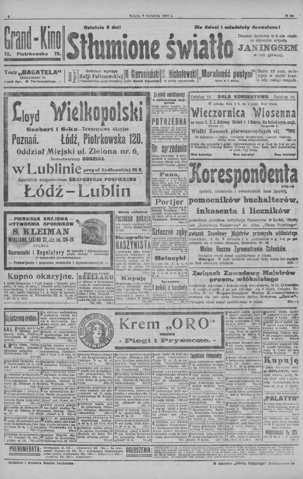 'mteśchl w 72. iotrkowska @obot!l 9 ltwfetnfa 192t r. < Oatatnie a dni! Dl. dzieol i.. łodzleq dozwolone I Dramat życiowy w Ocla ez~. ze słynnym artystą J NING m: w roli głównej.