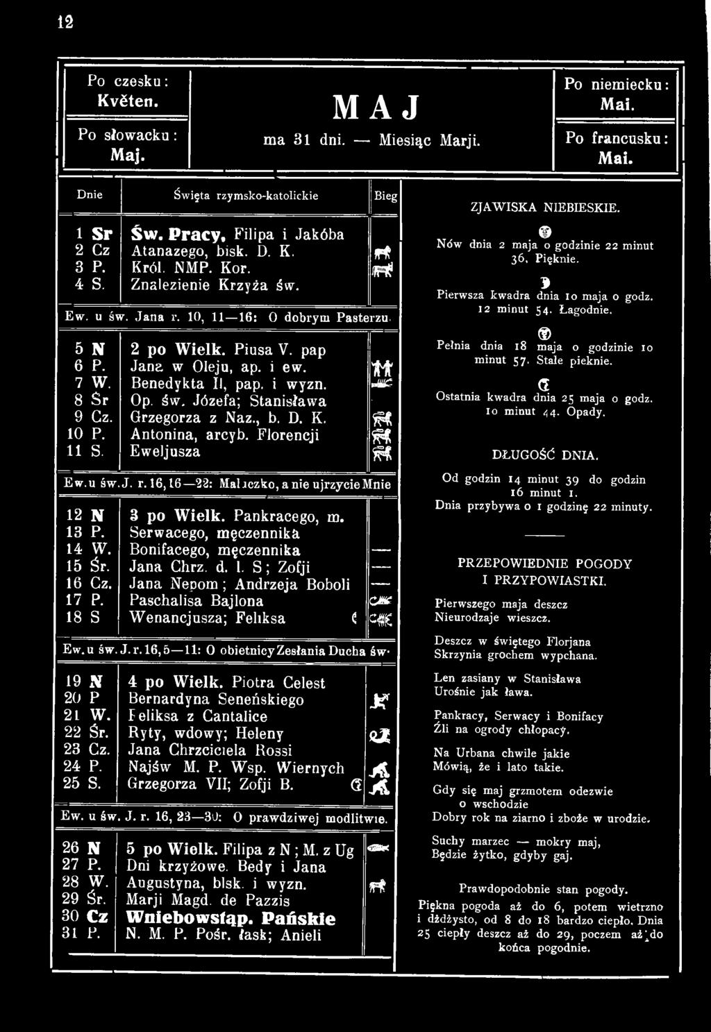 C M c*k Ew.u św. J.r.1 6,5 11: 0 obietnicy Zesłania Ducha św 19 x\ 20 P 21 W. 22 Śr. 23 Cz. 24 P. 25 S. 4 po Wielk.