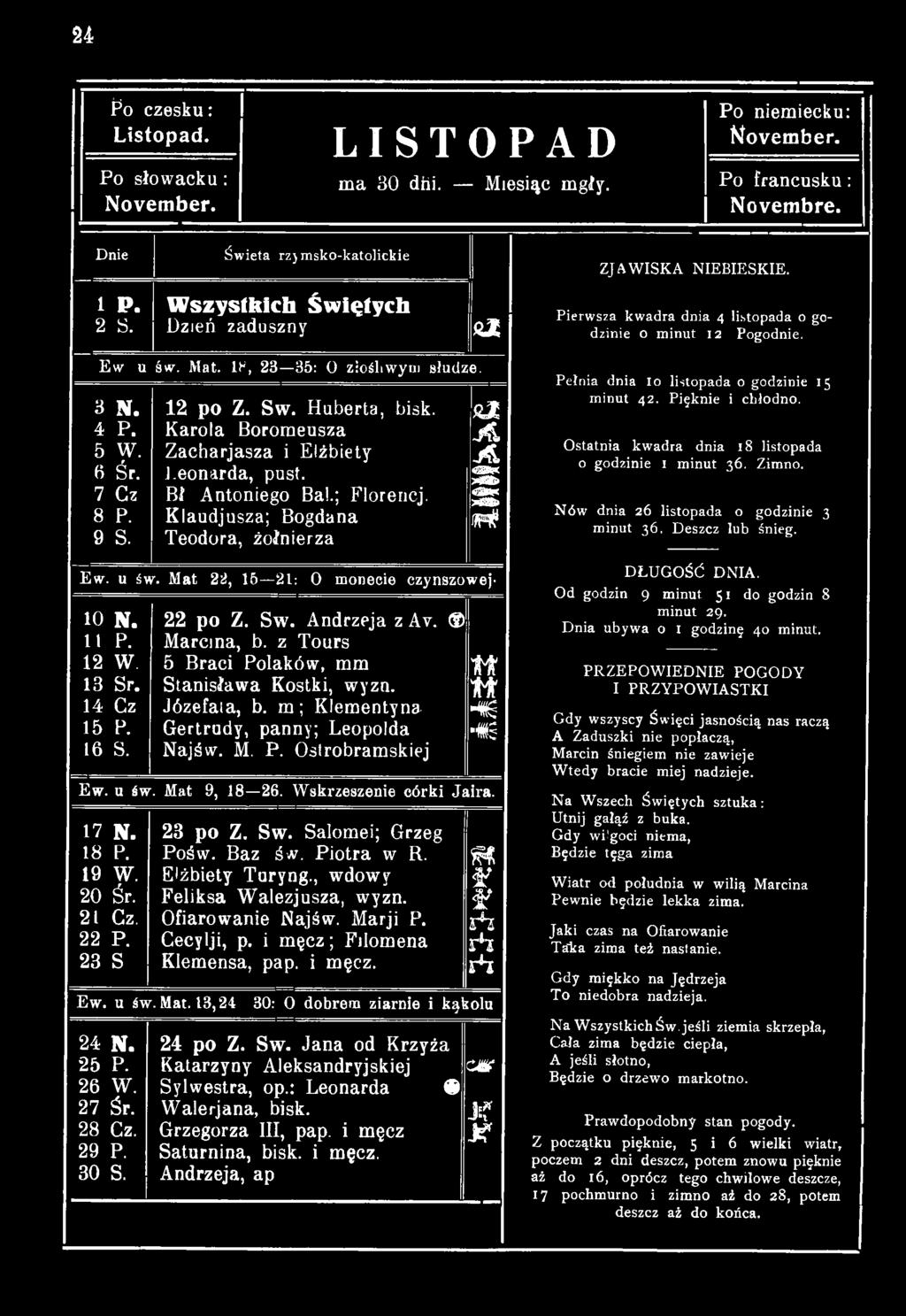 Gertrudy, panny; Leopolda fs 16 S. Najśw. M. P. Ostrobramskiej Ew. u św. Mat 9, 18 26. Wskrzeszenie córki Jaira. 17 N. 18 P. 19 W. 20 Śr. 21 Cz. 22 P. 23 S Ew. u św. Mat. 13,24 24 N. 25 P. 26 W.