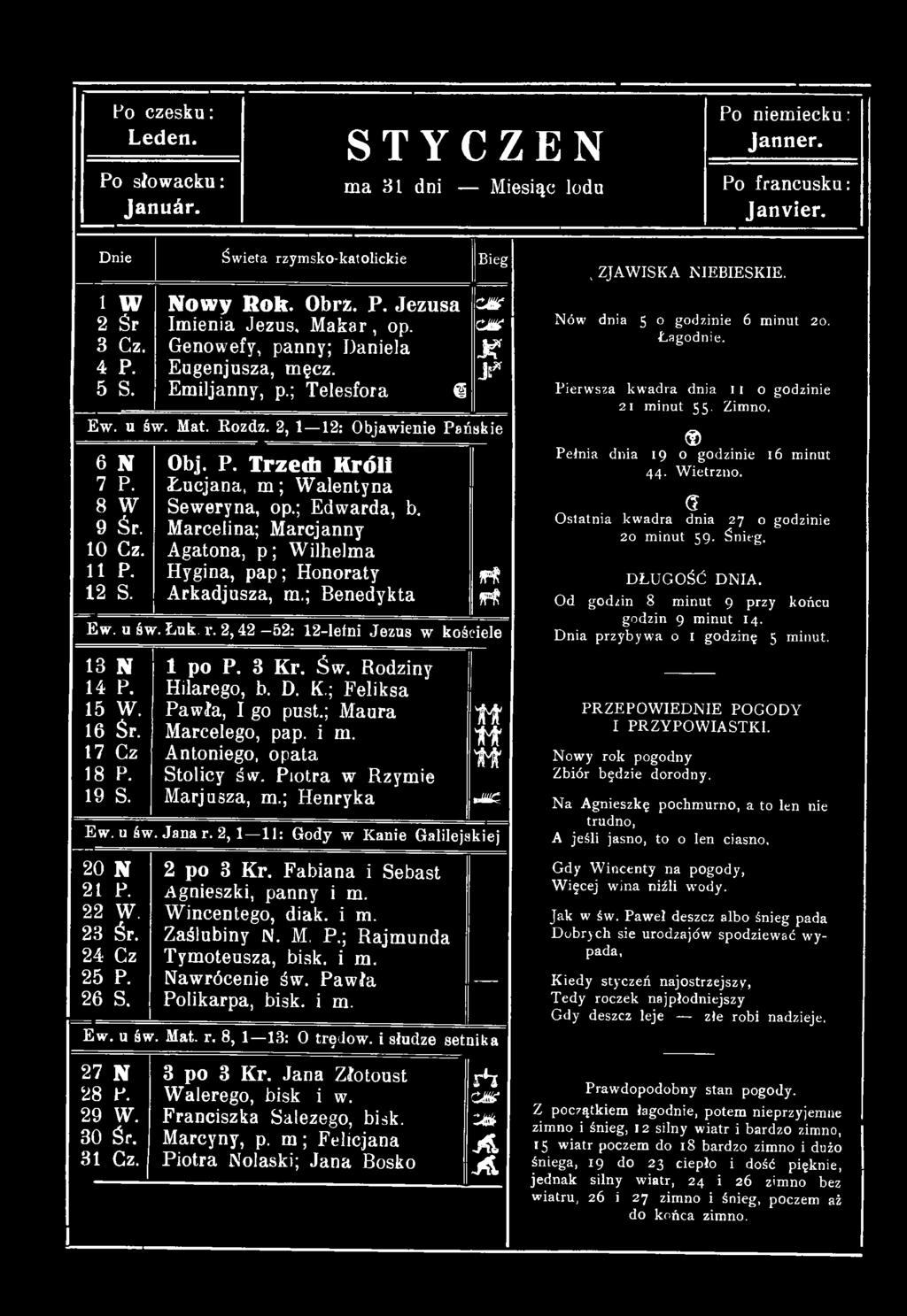 Jan ar. 2,1 U : Gody w Kanie Galilejskiej 20 N 21 R 22 W. 23 Śr. 24 Cz 25 P. 26 S. 2 po 3 Kr. Fabiana i Sebast Agnieszki, panny i m. Wincentego, diak. i m. Zaślubiny N. M. P.; Rajmunda Tymoteusza, bisk.
