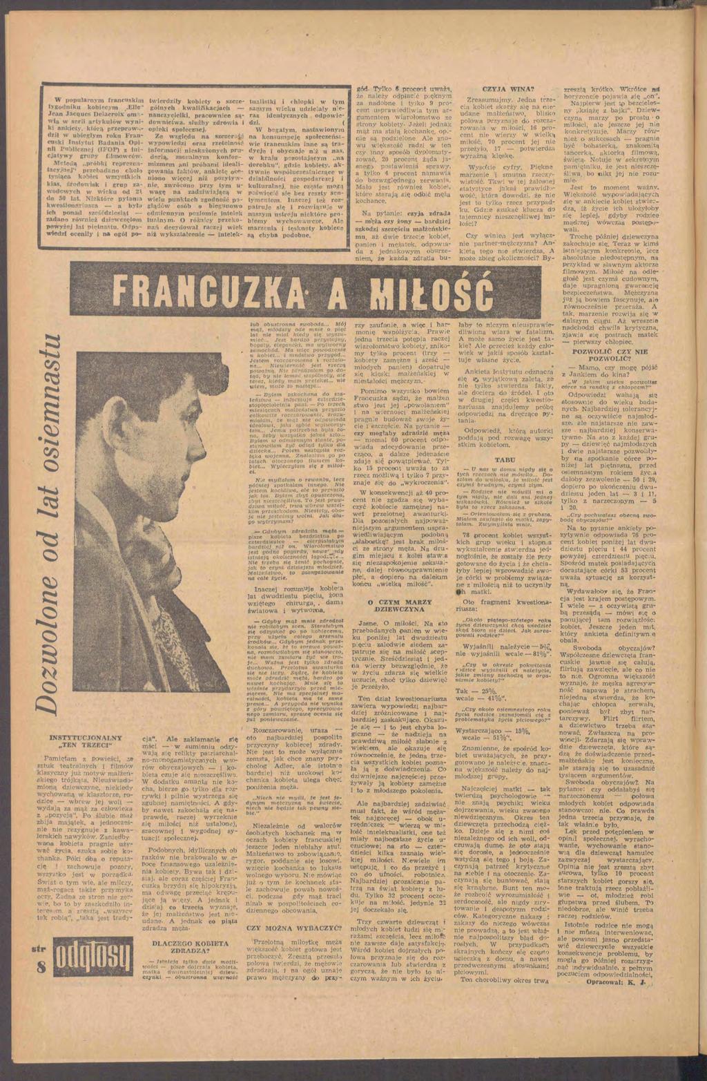 W popularnym francuskim tygodniku kobiecym,,elle' Jean Jacąues Deiacroix om a w ia w serii artykułów wyniki ankiety, którą przeprow a dził w ubiegłym roku F rancuski Instytut B adania Opinii