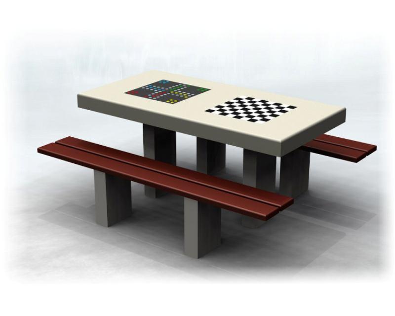 7. Stół do gry w szachy i chińczyka - wykonany z betonu duży stół z dwoma ławkami. Blat stołu wyposażony w plansze umożliwiające granie w szachy i chińczyka.