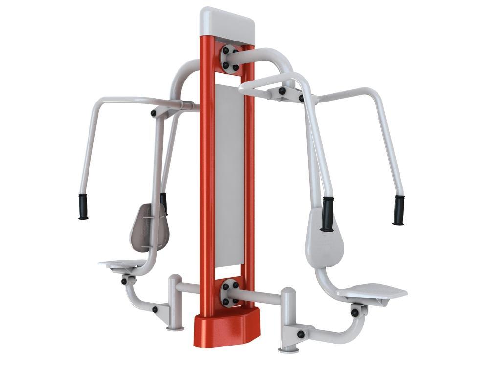 2. Krzesło do wyciskania podwójne na pylonie - urządzenie fitness przeznaczone na siłownie zewnętrzne, wykonane z metalu, montowane na pylonie, wpływające korzystnie przede wszystkim na wzmocnienie
