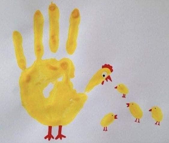 Na zakończenie podaję ci propozycję najłatwiejszej pracy plastycznej na świecie kurka z kurczaczkami. Zrób odcisk pomalowanej na żółto dłoni to kurka, i odciski palców to kurczaczki.