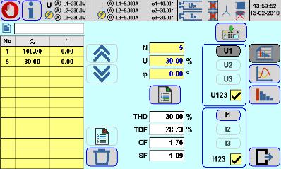 moce P, P+, P-, PH1, PH1+, PH1-, Q, Q+, Q-, QH1, QH1+, QH1- S, S+, S-, SH1, SH1+, SH1, wizualizacja wyników pomiaru za pomocą: tabeli, wykresu wektorowego, wykresu trendu zmian, przebiegu