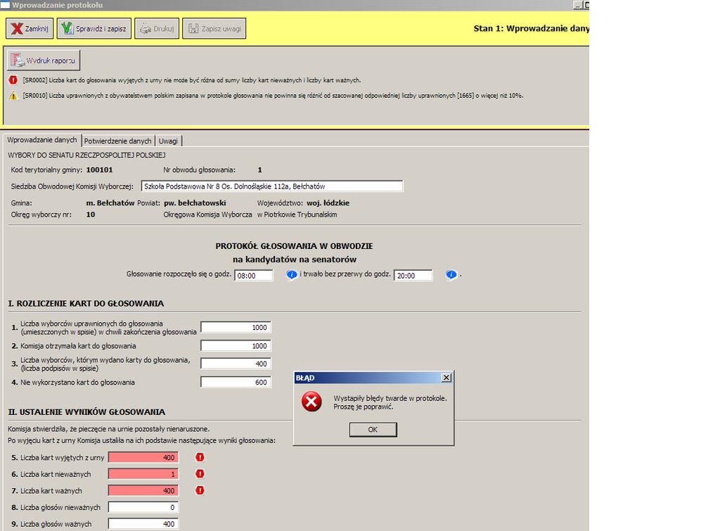 Podczas pierwszego wprowadzenia istnieje możliwość modyfikacji danych siedziby Obwodowej Komisji Wyborczej. Wypełnienie wszystkich pól i potwierdzenie klawiszem obraz błędów.