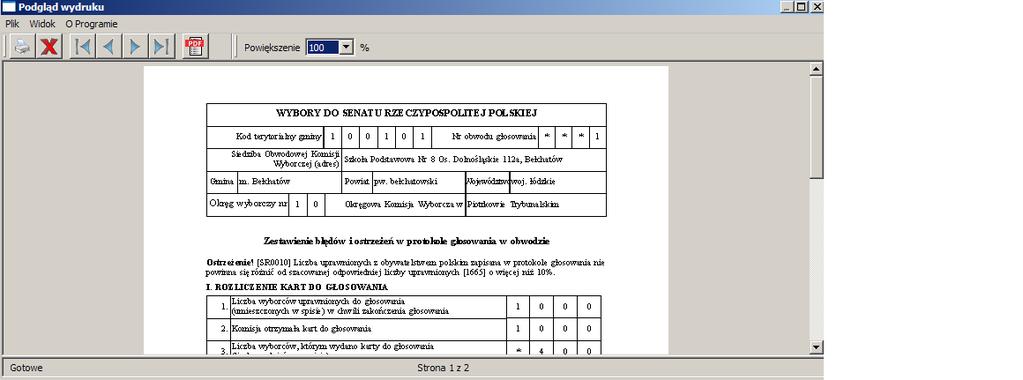 Rysunek 3.20. Raport "Zestawienie błędów i ostrzeżeń w protokole głosowania w obwodzie" Ostrzeżenie Zalecamy użycie najnowszej wersji polskiej edycji programu Adobe Reader.