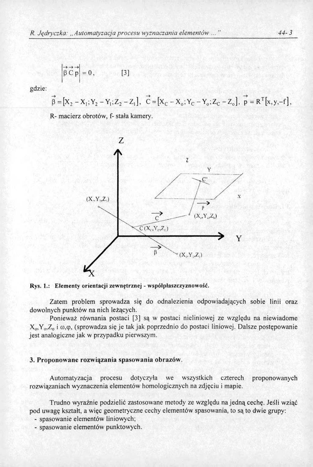 R. Ją d ryczka:,,autom atyzacja procesu wyznaczania elementów 4 4-3 pcp = 0, [3] (3=[X2 - X 1;Y2 - Y 1;Z2 - Z 1] ) C =[xc - X 0;YC - Y 0;ZC - Z 0], p = RT[x,y,-f], R- macierz obrotów, f- stała kamery.