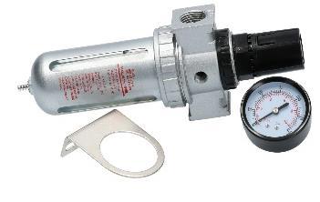 FILTR+REGULATOR Filtr + regulator(reduktor) służy do oczyszczenia sprężonego powietrza z zanieczyszczeń stałych i płynnych o odpowiednich wielkościach oraz nastawiania i utrzymywania stałej