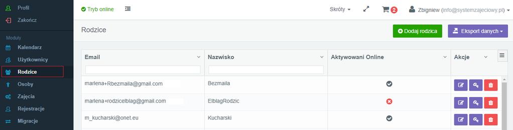 5. Rodzice W tej części dodajemy rodziców, których w module Osoby przyporządkujemy do dzieci.