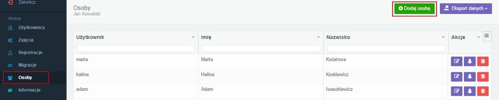 6. Osoby W module Osoby pojawia się lista wszystkich dodanych osób.