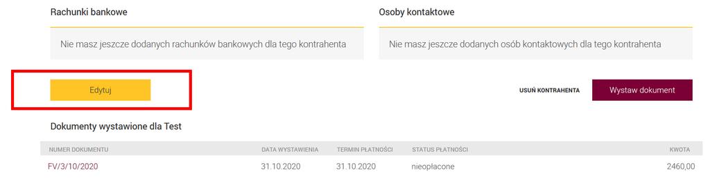 Następnie klikając na przycisk edycji: Pojawi się możliwość zaznaczenia checkbox a Podmiot powiązany Po zapisaniu danych wszelkie wystawione wcześniej jak również wystawione w przyszłości faktury