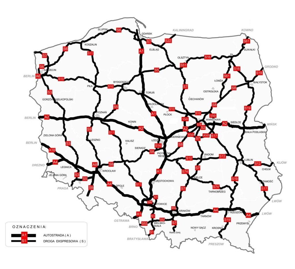 Rysunek 1 Plan docelowej sieci autostrad i dróg ekspresowych Krajowa infrastruktura drogowa wymaga w dalszym ciągu dużych nakładów na rozwój i zapewnienie odpowiednich standardów, aby możliwe było
