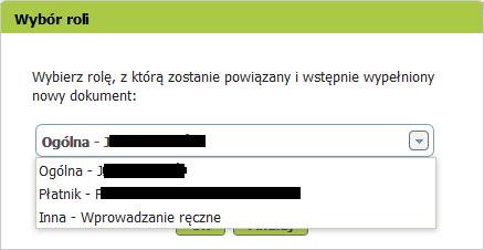 7. Należy wybrać rolę, w jakiej ma zostać utworzony dokument.