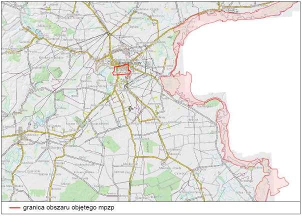 Ryc. 7. Lokalizacja obszaru objętego mpzp na tle mapy obszarów zagrożonych podtopieniem. Źródło: http://www.isok.gov.