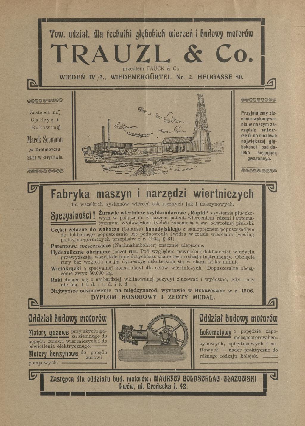 [Ł To. udział, dla techniki głęhohich wierceń i Budowy otorów TRAUZL & Co. przedte FAUCK & Co. WIEDEŃ 1V./2., WIEDENERGÜRTEL Nr. 2. HEUGASSE 80.