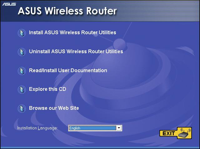 5 Instalacja narzędzi Instalacja narzędzi Pomocniczy dysk CD zawiera narzędzia do konfiguracji routera ADSL bezprzewodowego ASUS.