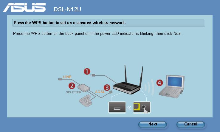2. Naciśnij przycisk WPS routera. (Wyłącznie do używania karty połączenia bezprzewodowego z funkcją WPS) Wireless ANT Reset Power On/Off USB LAN4 LAN3 LAN2 LAN1 WPS On Off ADSL ANT WPS button 3.
