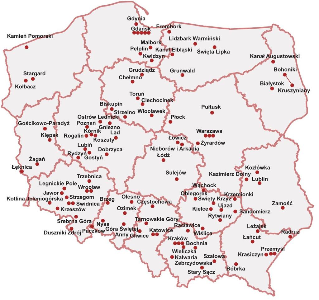 Monitor Polski 31 Poz. 1060 Z kolei na poniższej mapie zaprezentowano geograficzne rozmieszczenie obiektów wpisanych na listę Pomników Historii. Geograficzne rozmieszczenie Pomników Historii w 2018 r.