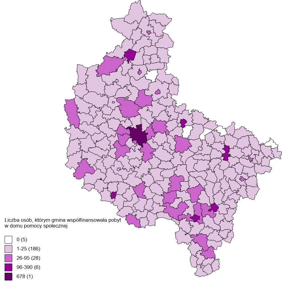 Mapa 10. Liczba osób, którym gmina współfinansowała pobyt w domu pomocy społecznej w 2020 roku Mapa 11.